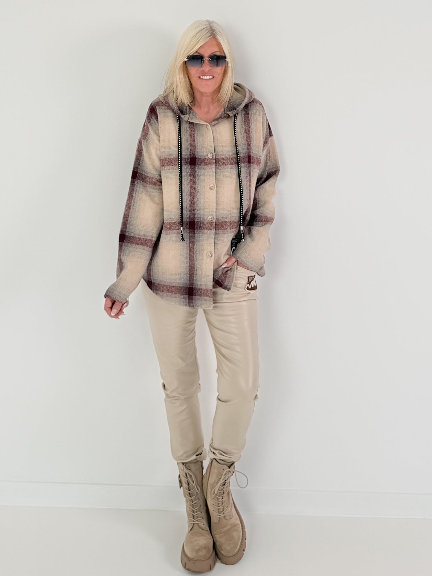 Plaid hooded shacket - beige-bordeaux-multicolored