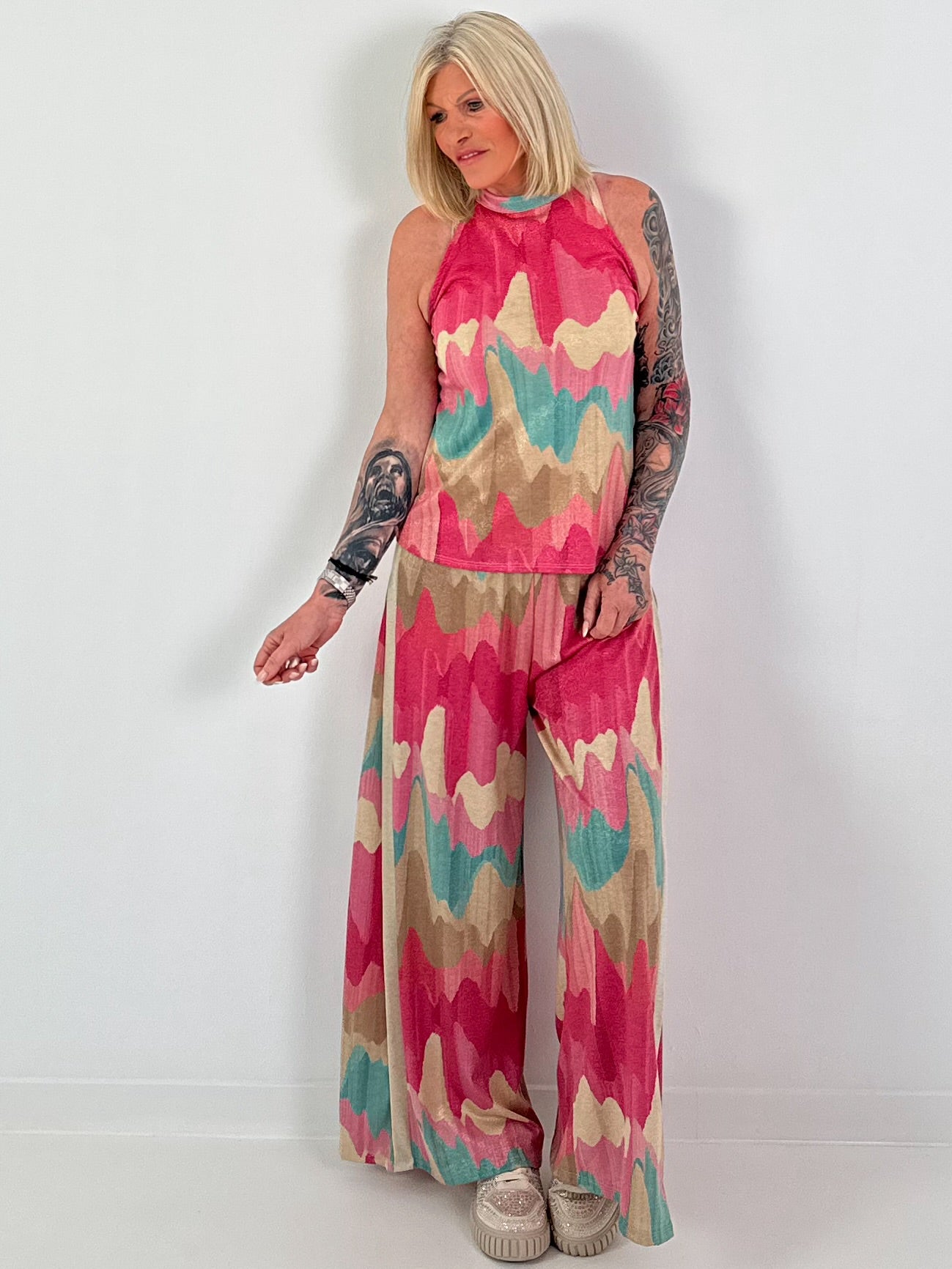 Two-piece with pattern and Lurex - pink-turquoise-beige