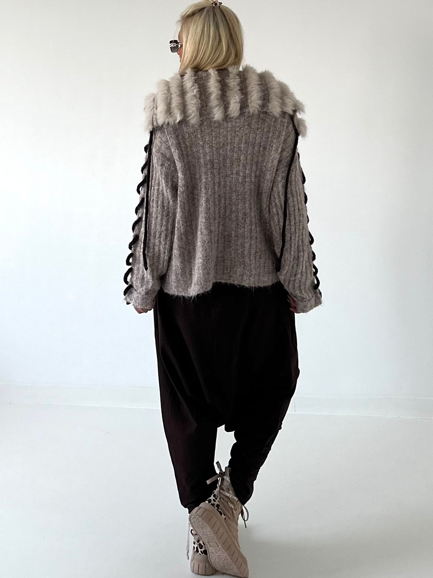 Cozy Cardigan with Oversized Faux Fur Collar - Taupe
