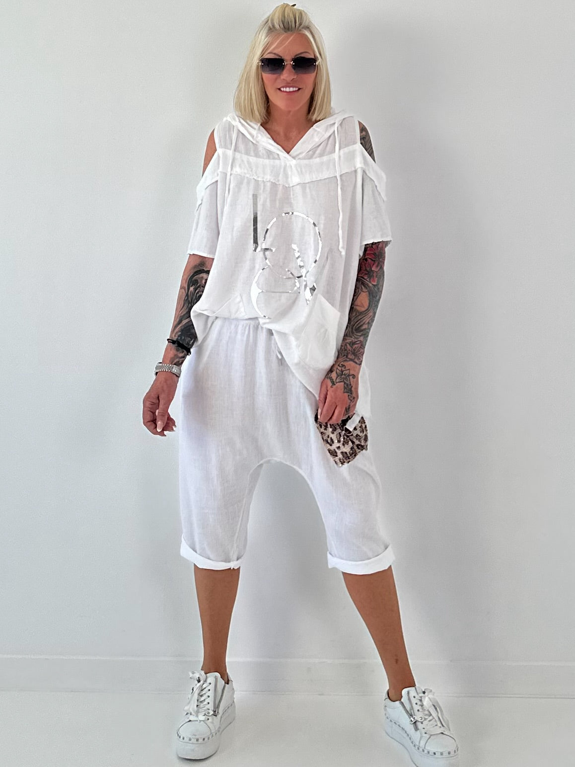 Linen Shirt with Off-Shoulder Cut-Outs Leo - beige