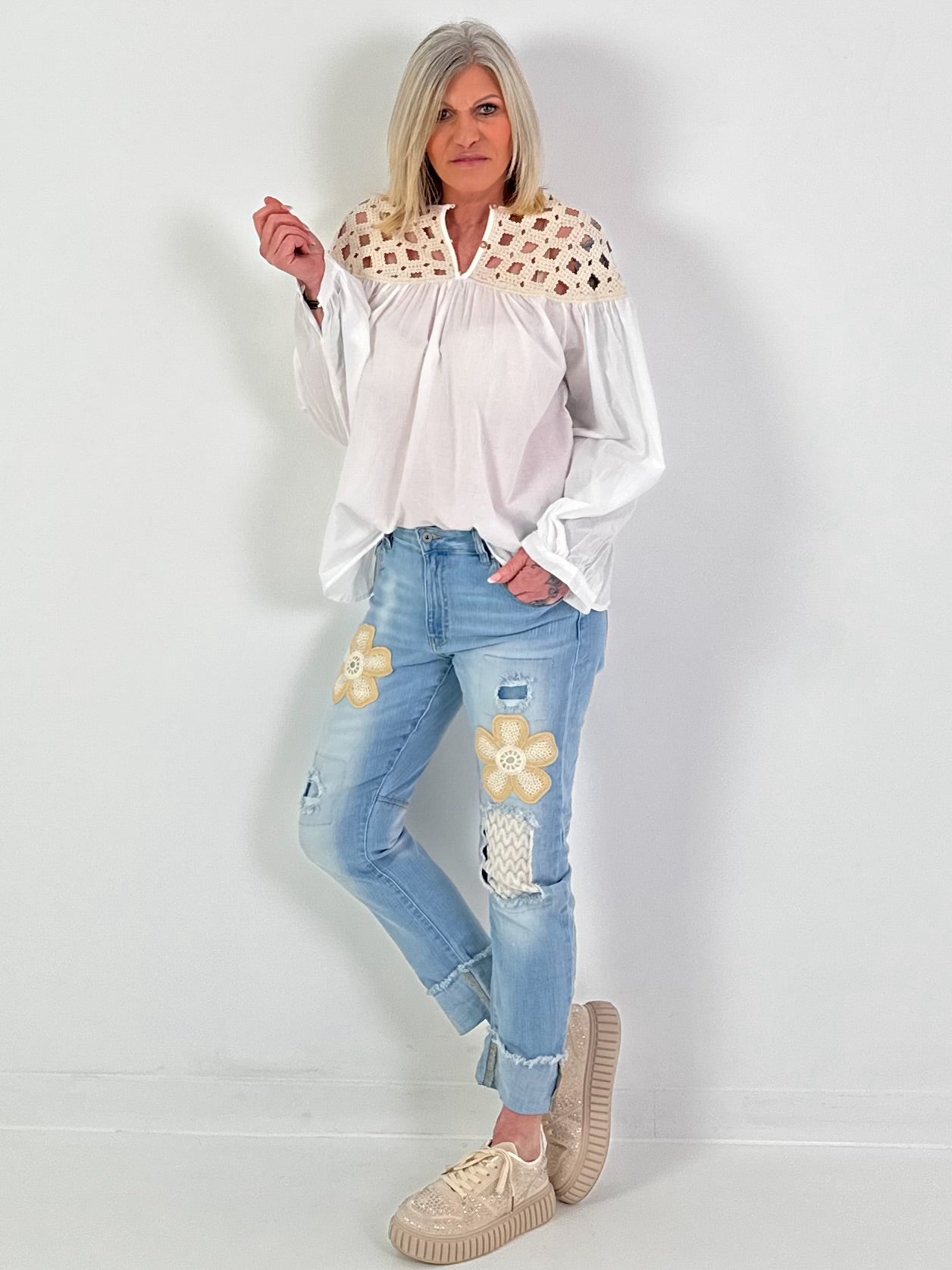 Tunika mit Häkeleinsatz - weiss-beige