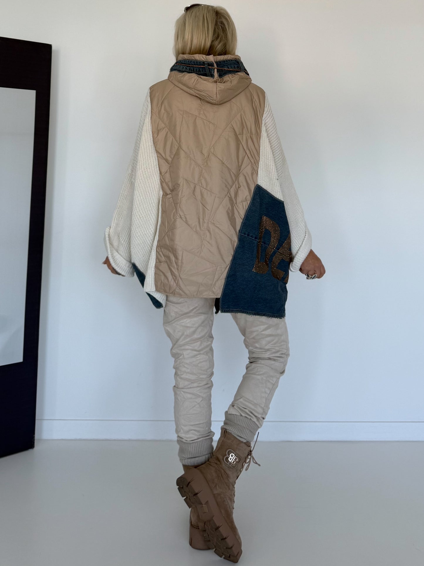 Asymmetrische Oversized Jacke im Materialmix - beige-ecru-denim