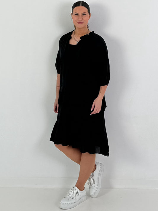 Dress with under-top and ruffles - black