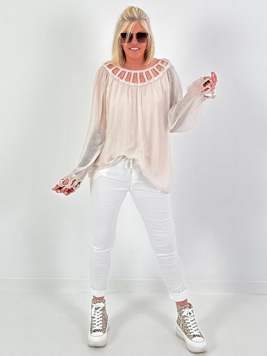 Silk tunic with crochet neckline - beige