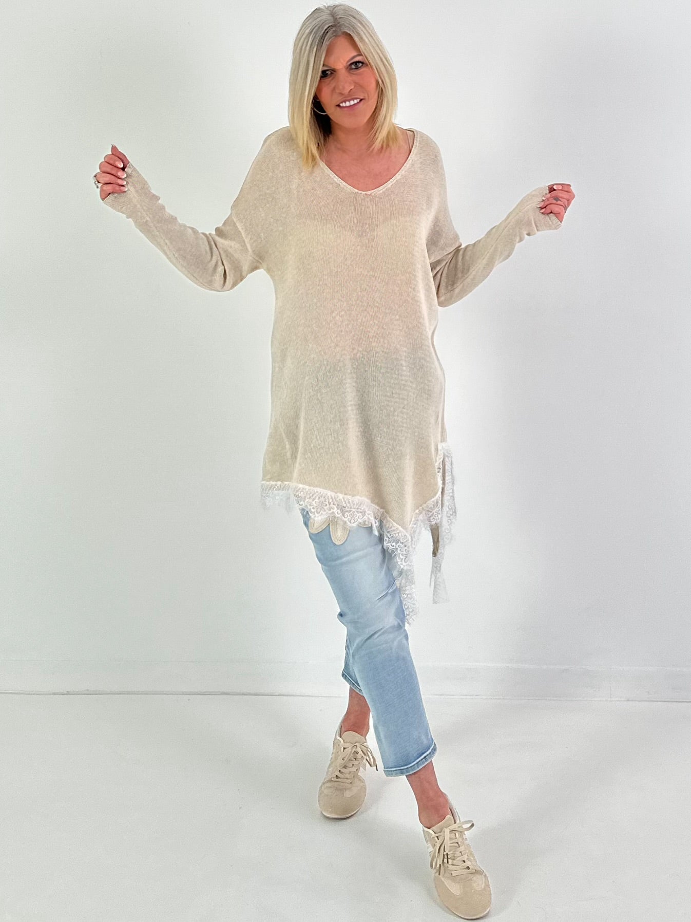 Strickpullover mit Spitze - beige