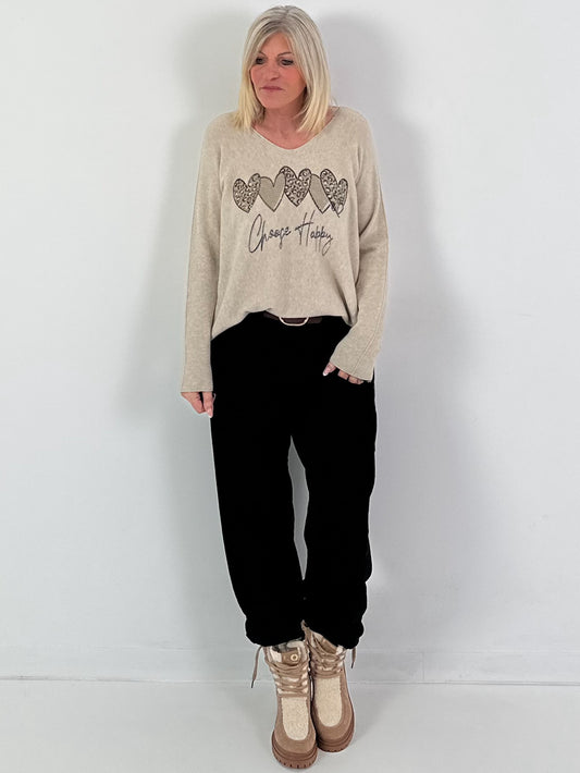 V-hals trui model "Choose Happy" - beige