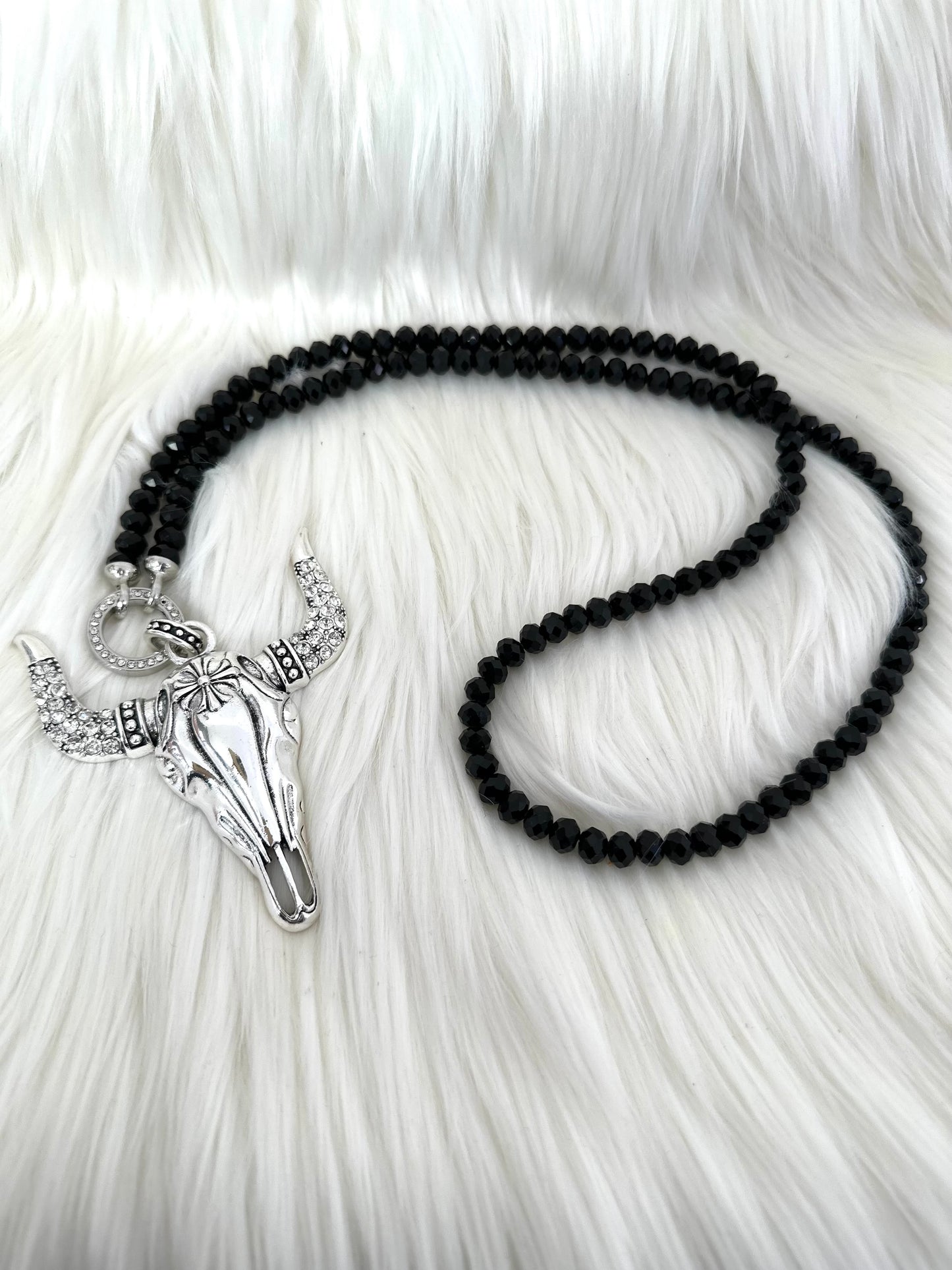 Necklace with Bull Pendant - Black-Silver