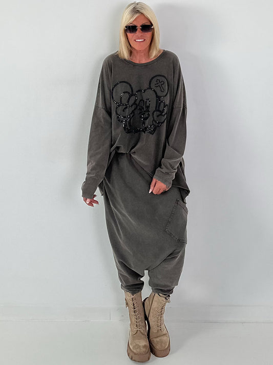 Oversized Sweater mit Paillettenprint - anthrazit