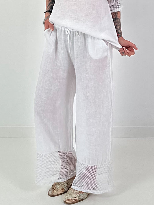 Leinen Hose mit weitem Bein - weiss