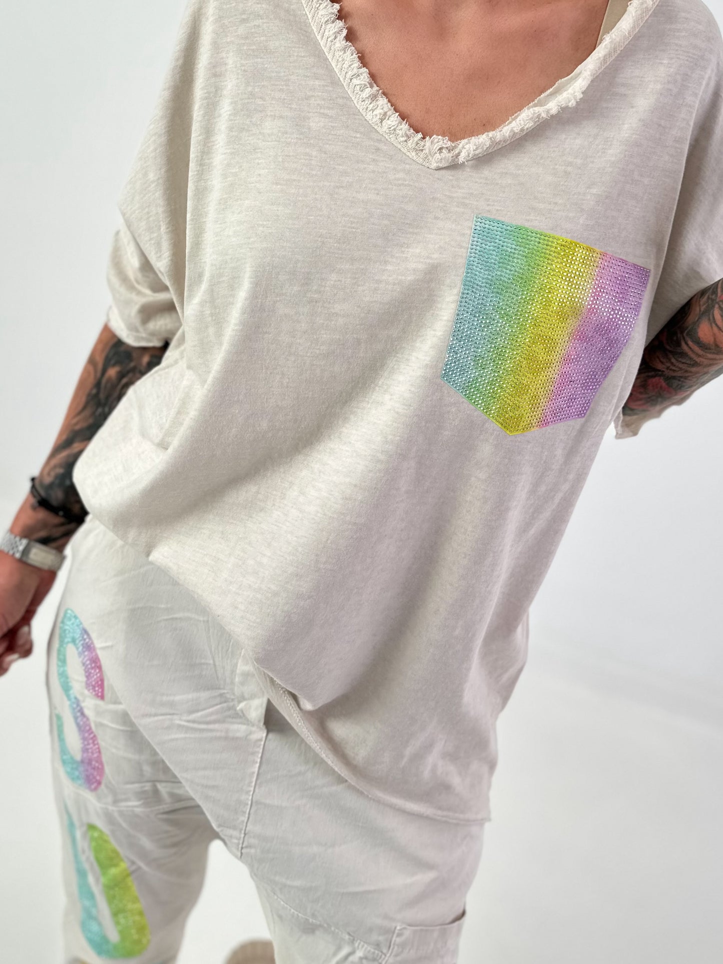 T-Shirt mit Glitzer-Patch - beige
