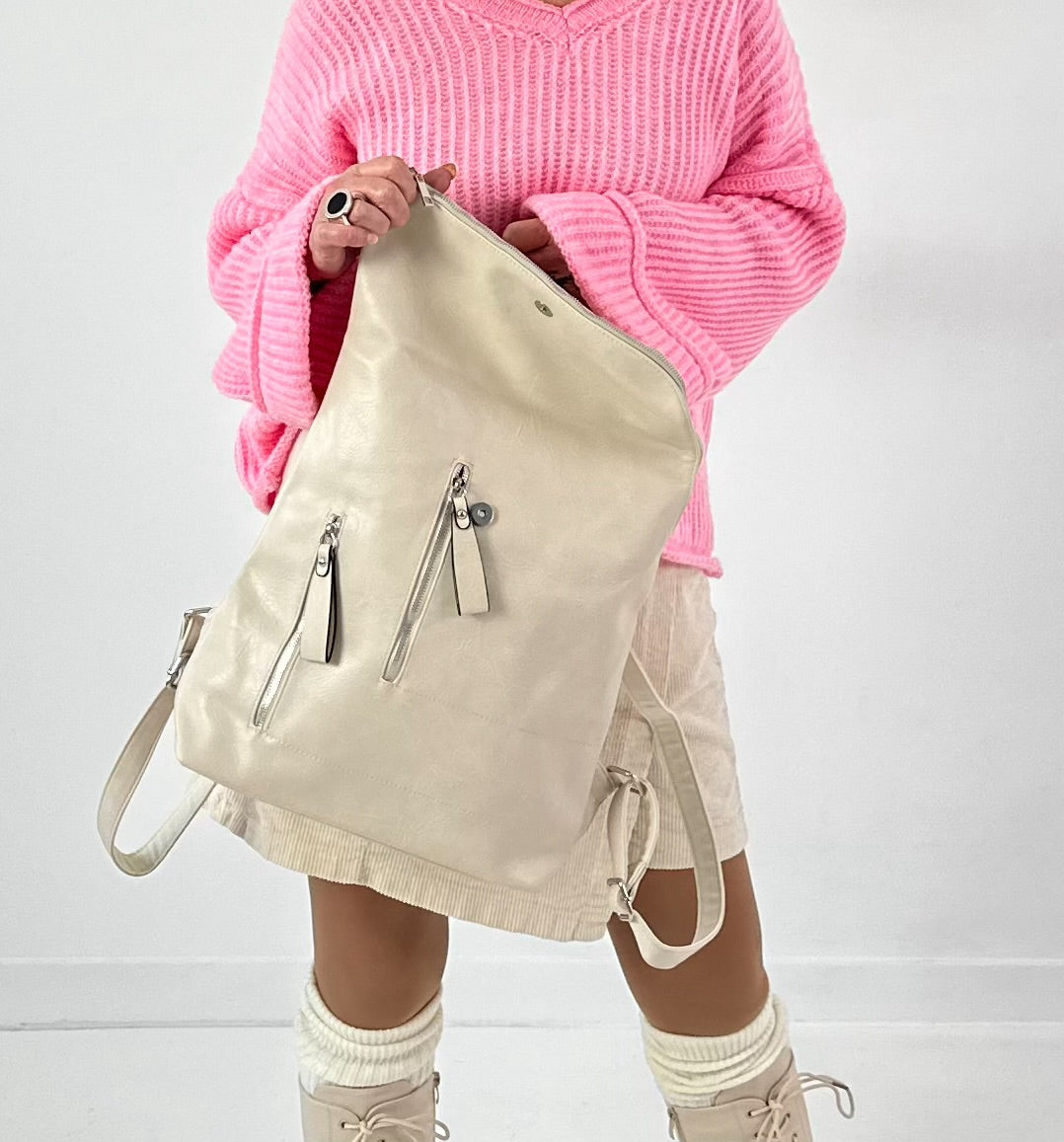 Leather-look backpack, model "City Fold" - beige