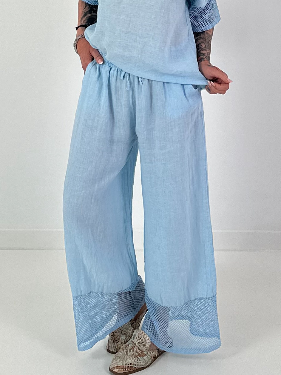 Wide-leg linen trousers - light blue