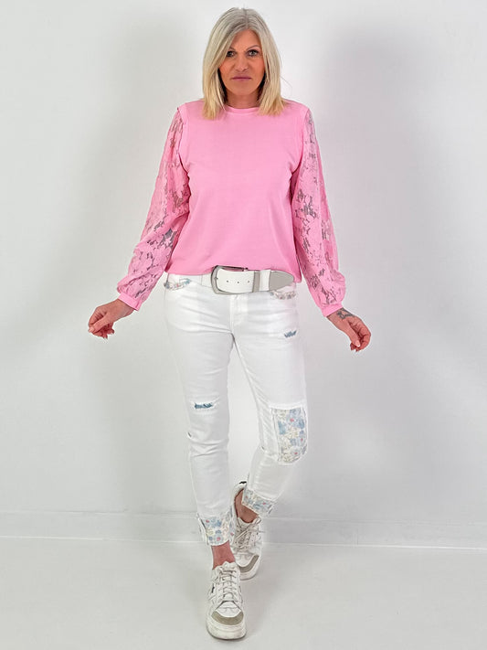 Leichter Sweater mit Spitzenärmeln - rosa