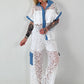 Ausgefallener Zweiteiler mit aufwendigen Denim Details- weiss