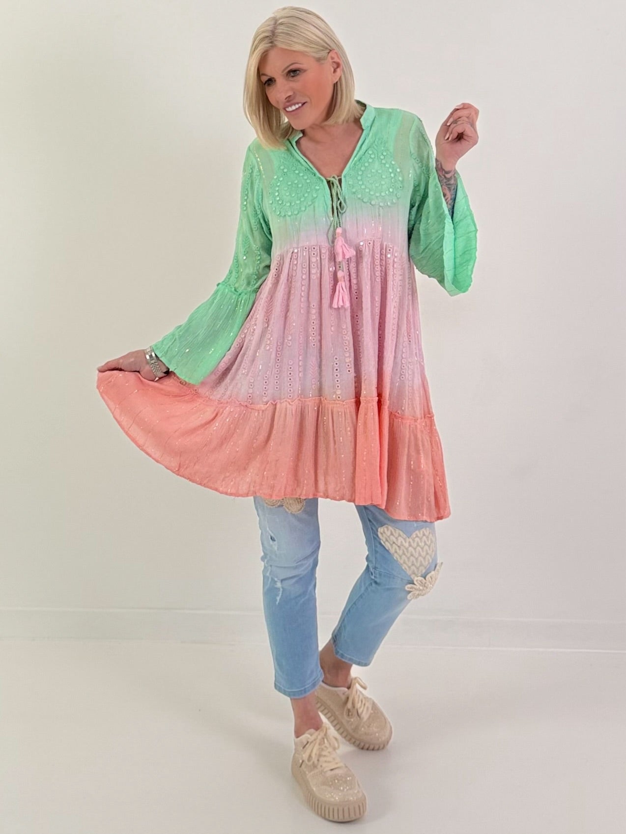 Ibiza Tunika/Kleid mit Lurexnähten - rosa-koralle-lindgrün