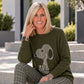 Pullover mit Strass-Cartoon-Motiv - oliv