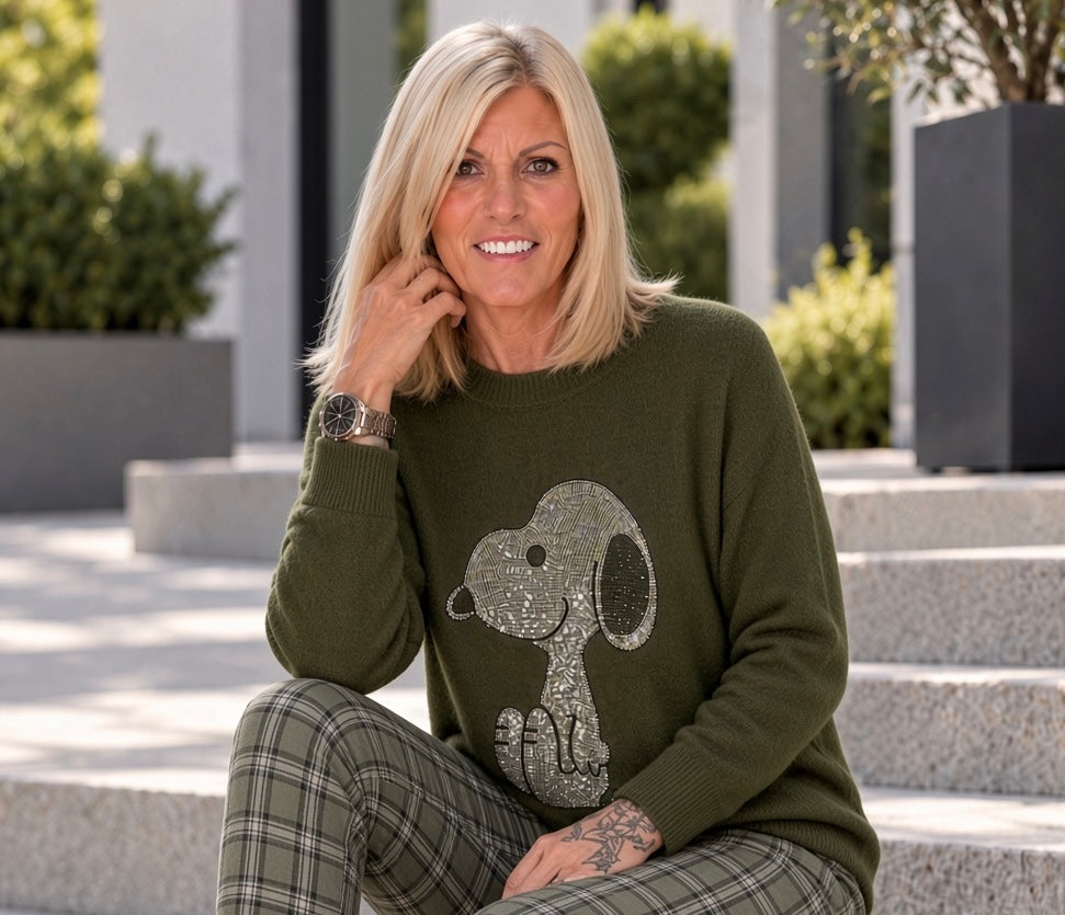 Pullover mit Strass-Cartoon-Motiv - oliv