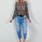 Lace top with leopard print - black-beige