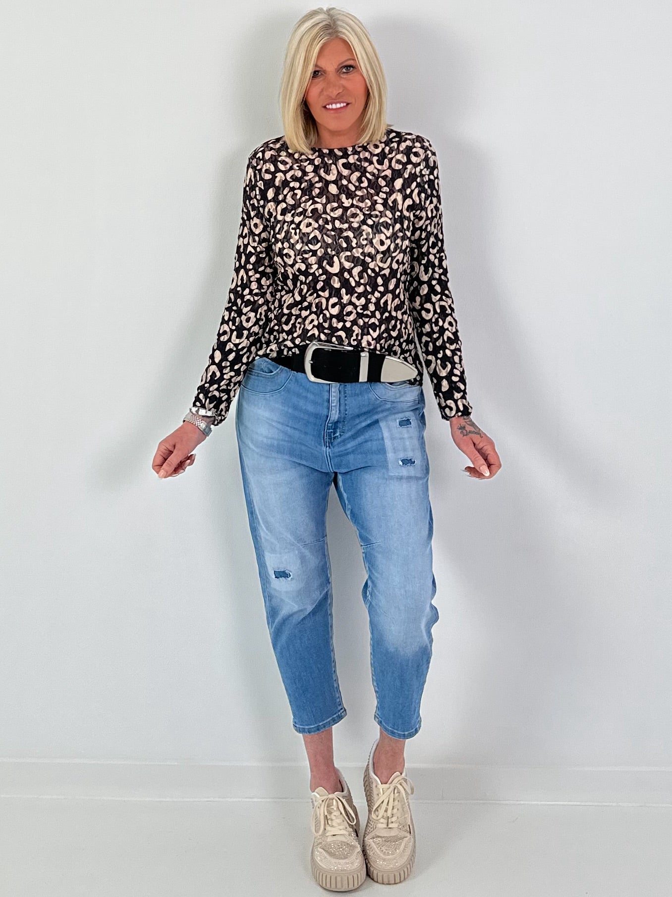 Lace top with leopard print - black-beige