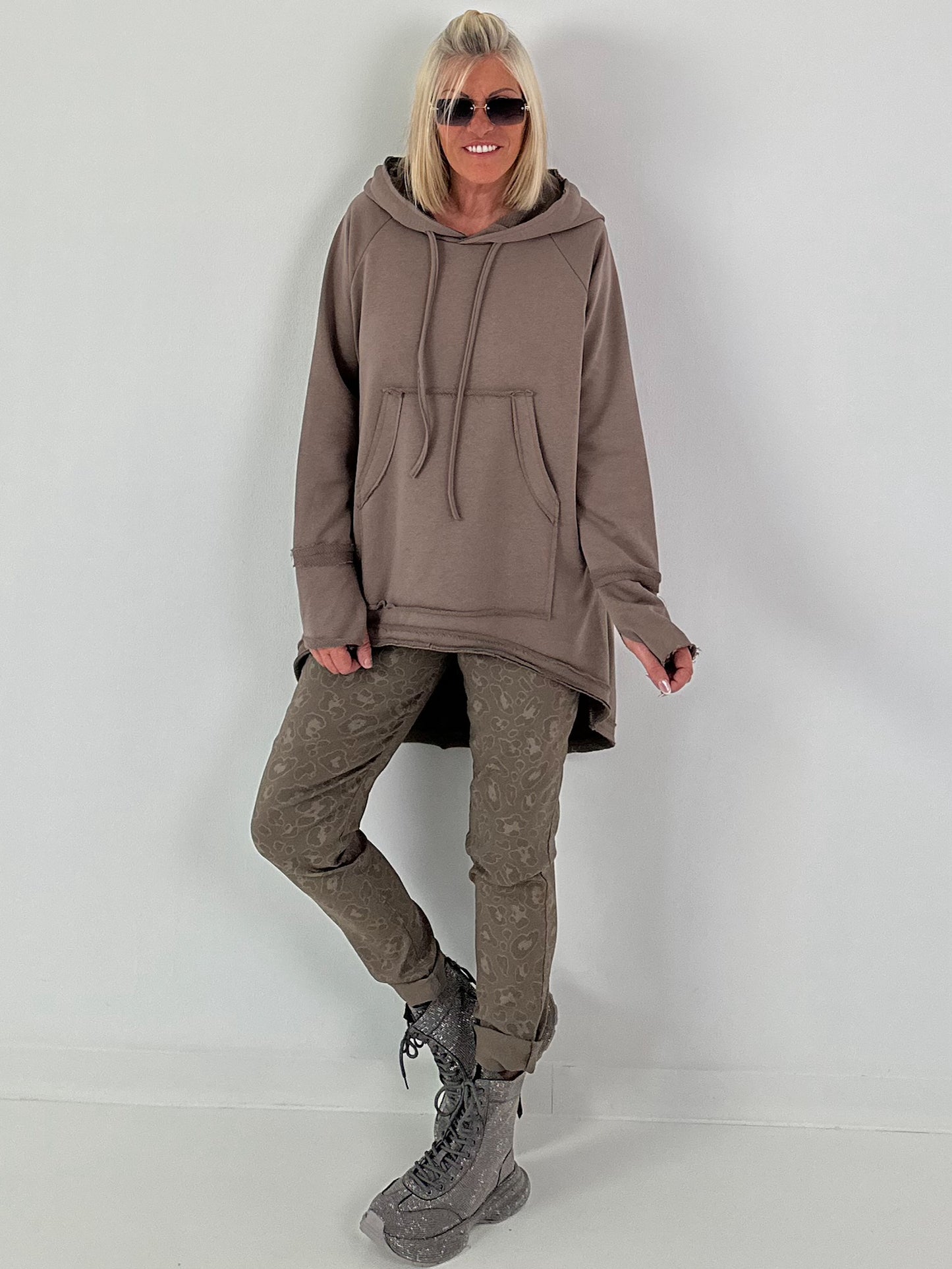 Casual Long Hoodie with Thumb Hole - taupe