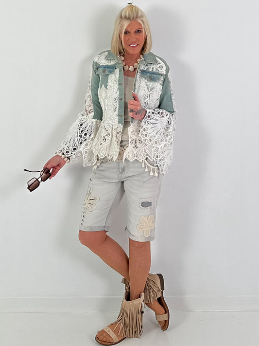 Boho denim jacket with special details - denim-white