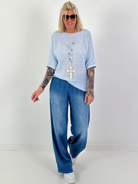 Crochet sweater with integrated sequins - light blue