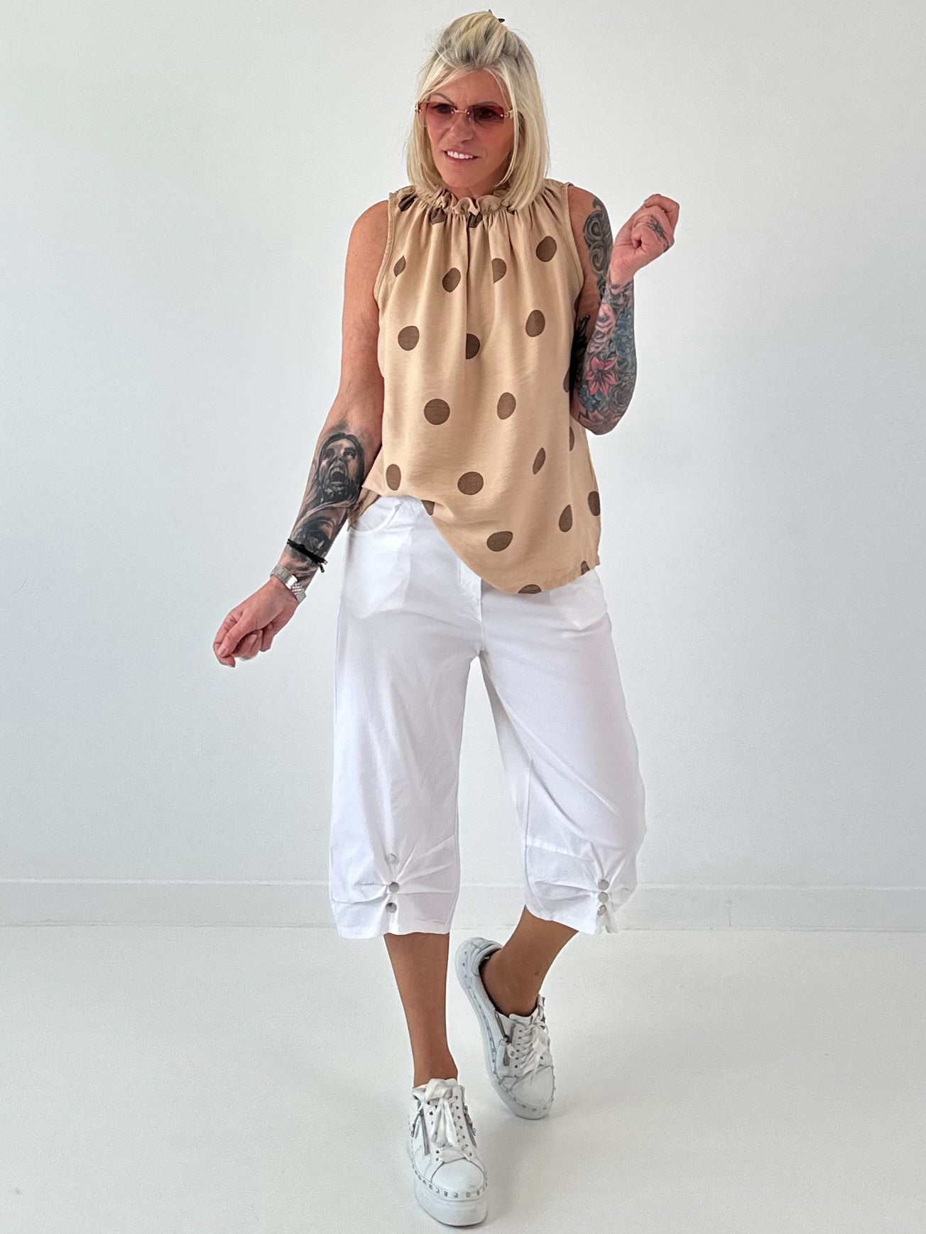 Striped top with ruffled collar - taupe-dark brown