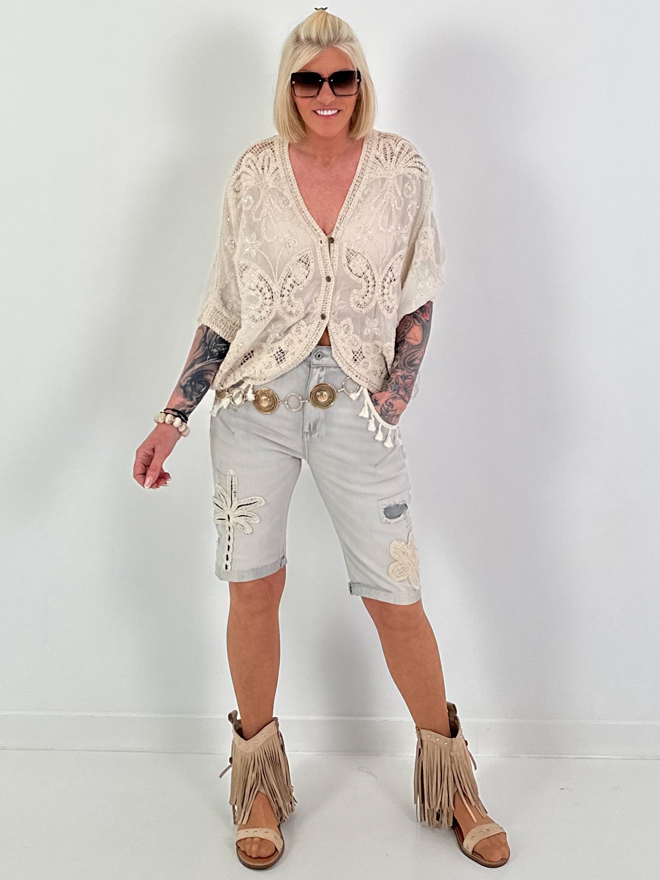 Boho blouse with elaborate crochet inserts - beige