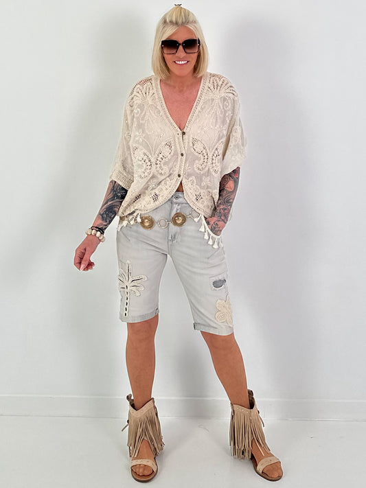 Boho blouse with elaborate crochet inserts - beige
