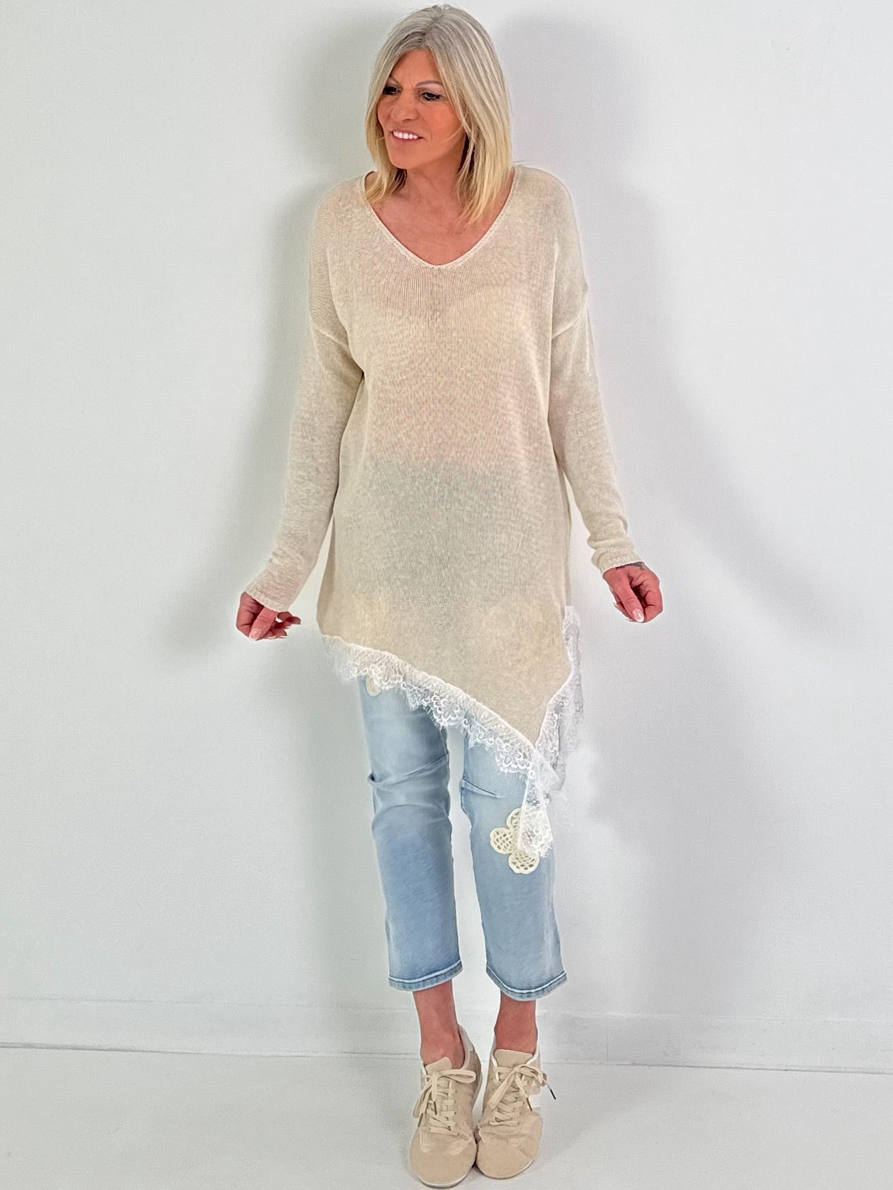 Strickpullover mit Spitze - beige