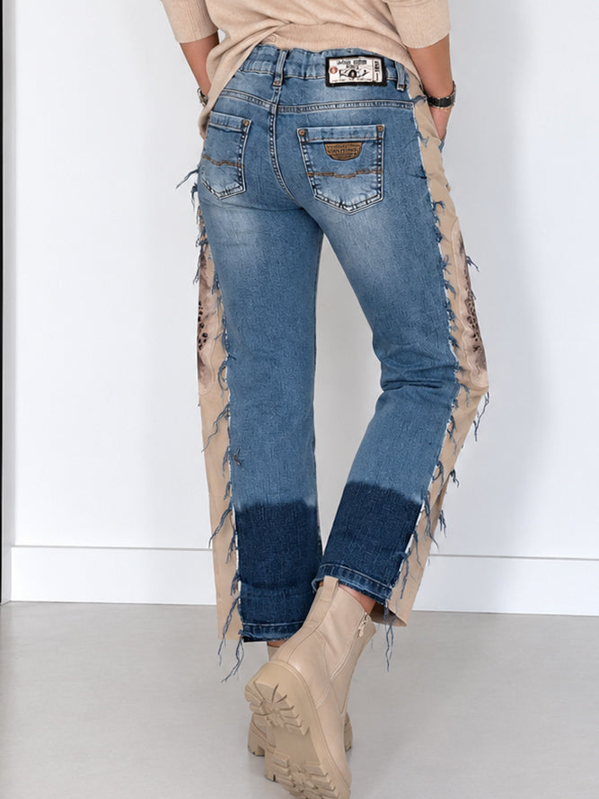 Jeans mit Sweat-Einsatz und Strassmotiv Gepard - denim-beige