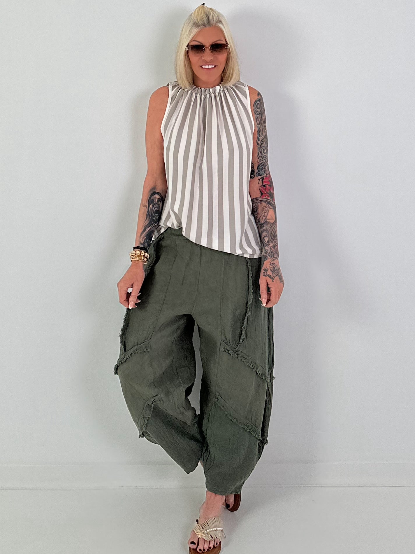 Ballon Leinen Hose mit Fransen Details - khaki