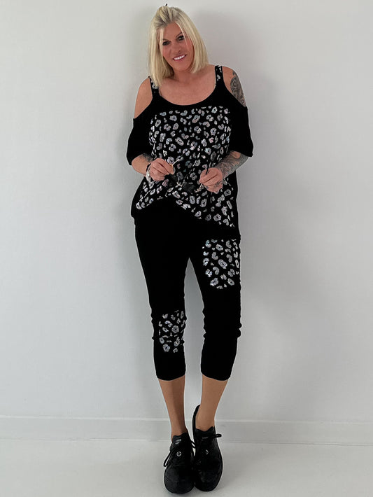 Shirt met koude schouder en strass-steentjes met luipaardprint - zwart
