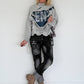 Sweater im Materialmix mit Cut-Outs und Strasssteinen - grau-denim-mehrfarbig