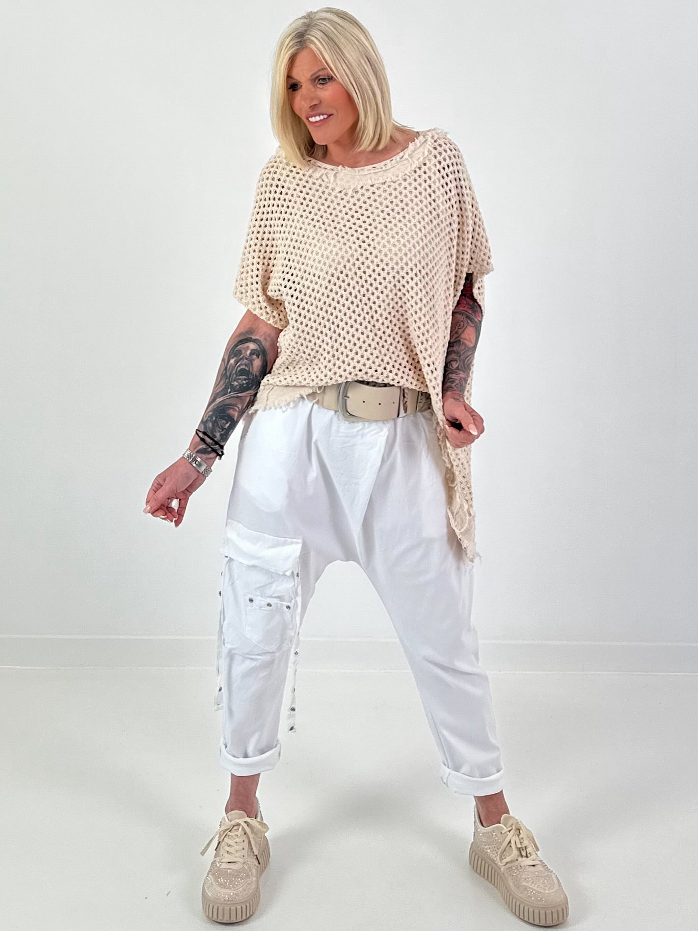 Häkelshirt mit Fransen asymmetrisch - beige
