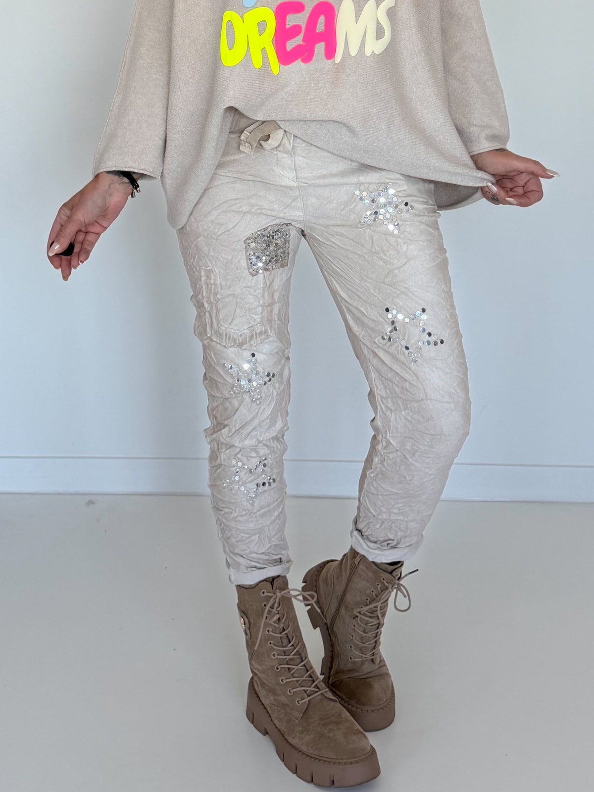 Broek van materiaalmix - beige