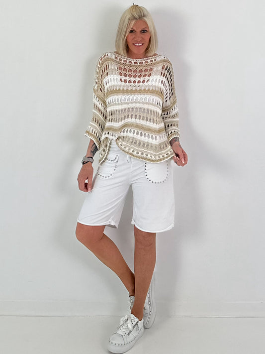Crochet sweater with stripes and lurex - white-beige