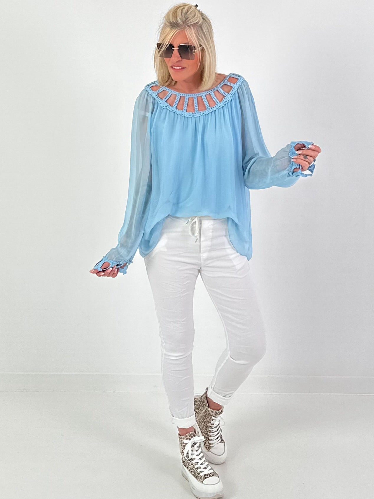 Silk tunic with crocheted neckline - light blue