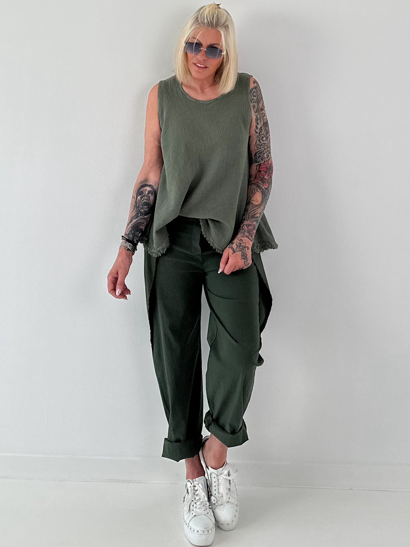 Grobes Leinen/Baumwoll Top - oliv