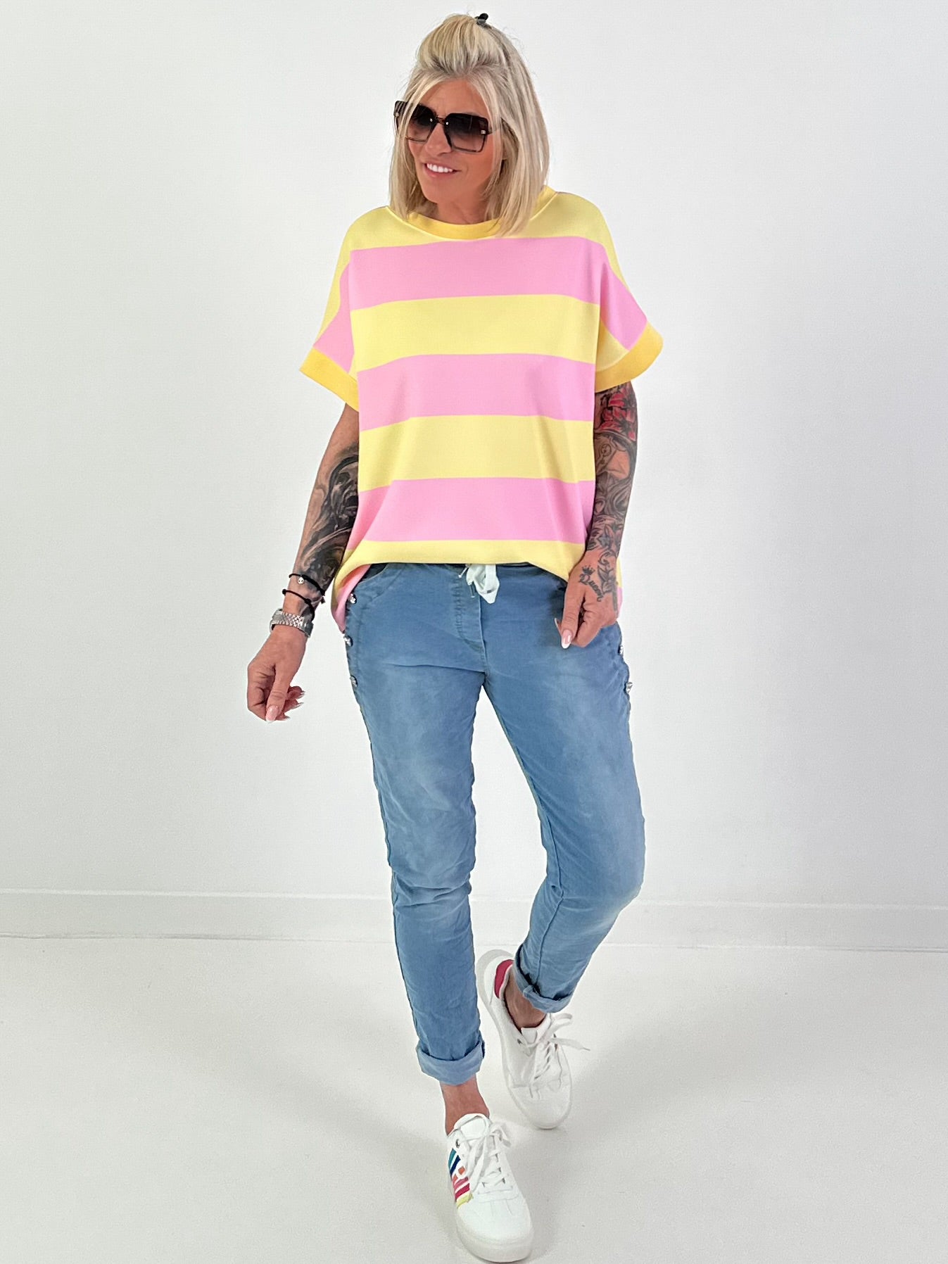 Sweat T-Shirt mit Streifen - gelb-rosa