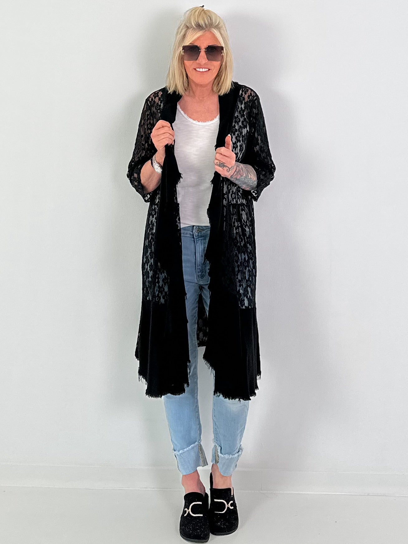 Lace coat in a material mix - black