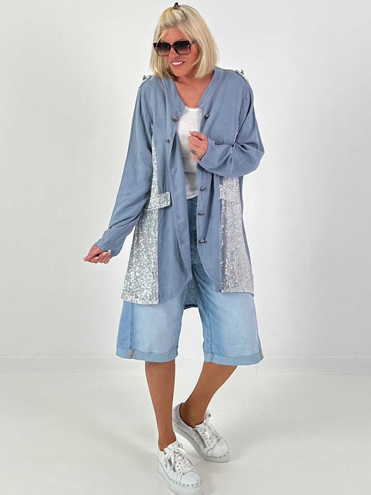Oversized Linen Military Blazer - dove blue