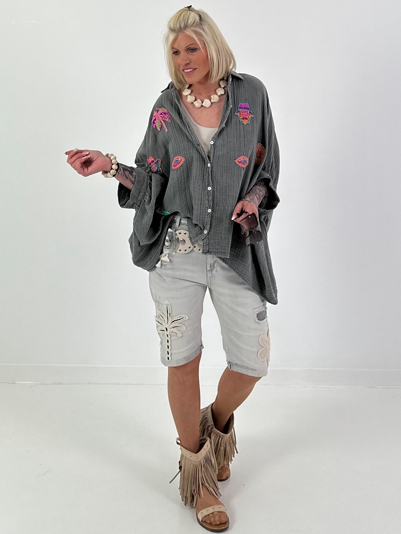 Oversized Muslin Blouse with Colorful Bead Embroidery - Anthracite