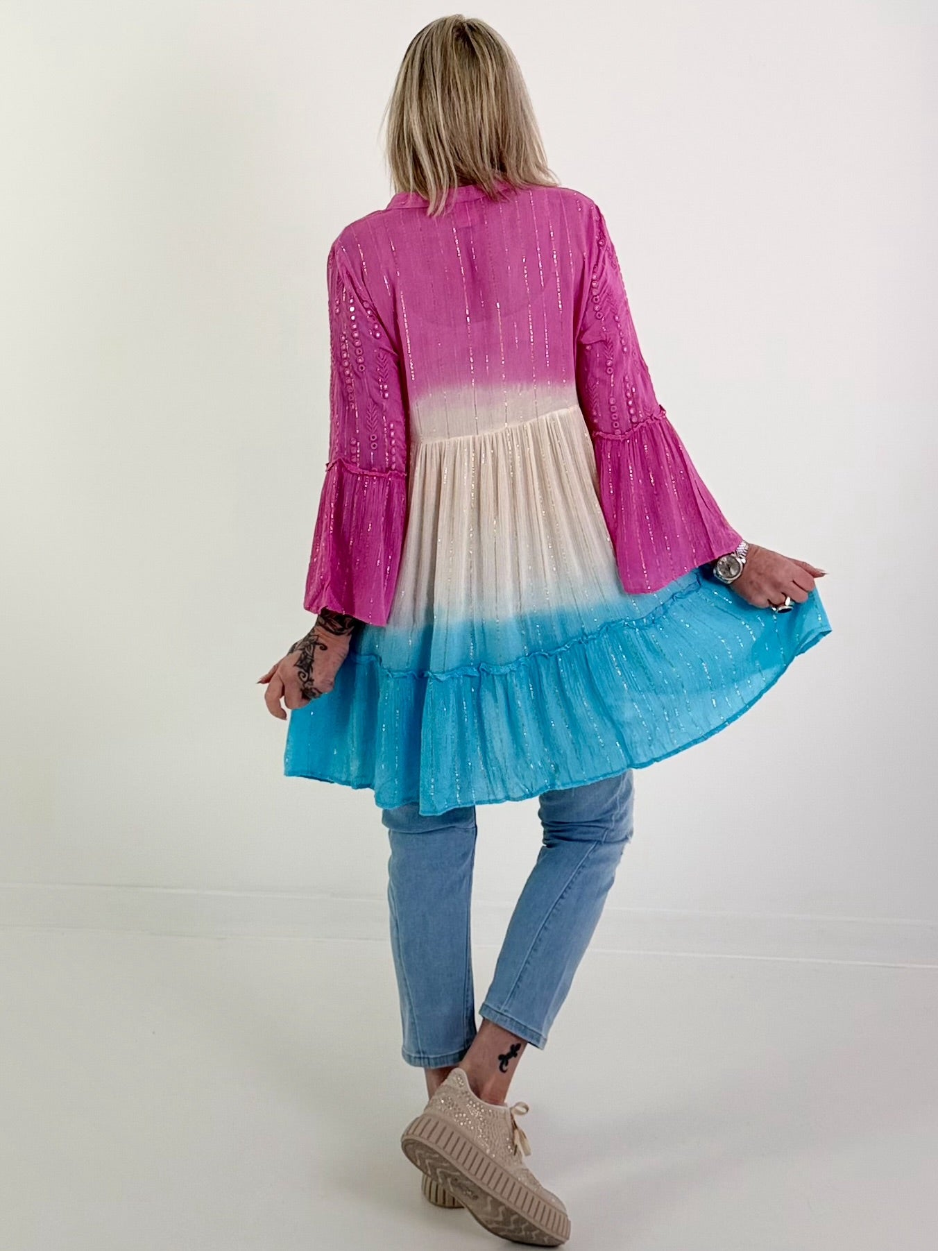 Ibiza Tunika/Kleid mit Lurexnähten - pink-beige-blau