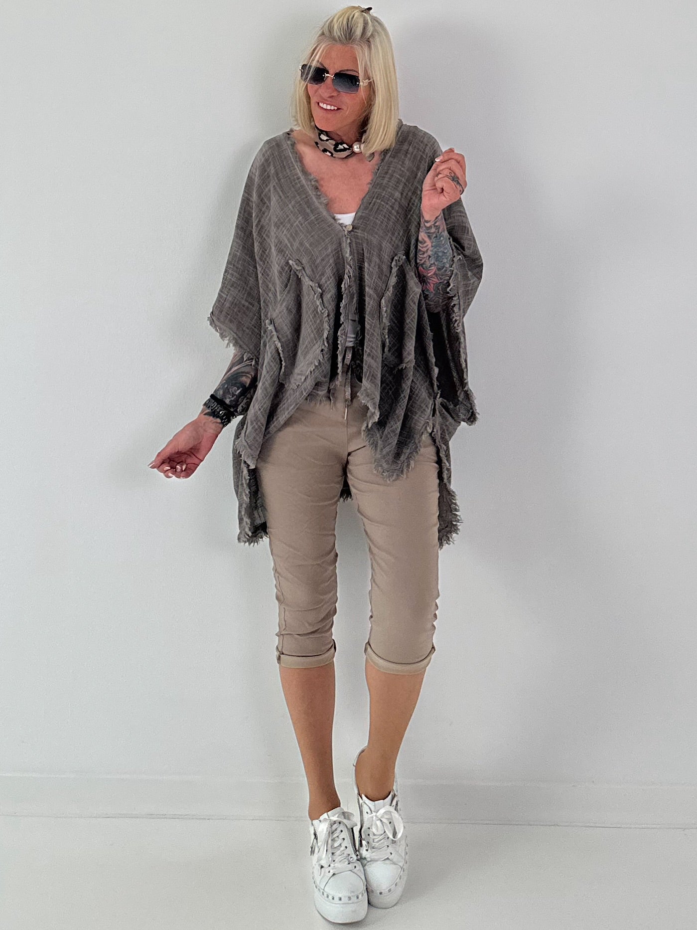 Leinen Poncho Jacke - taupe