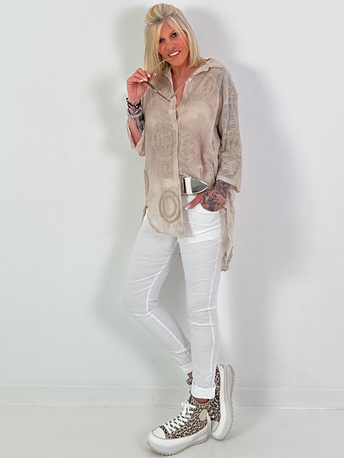 Silk blouse with terry applications - beige