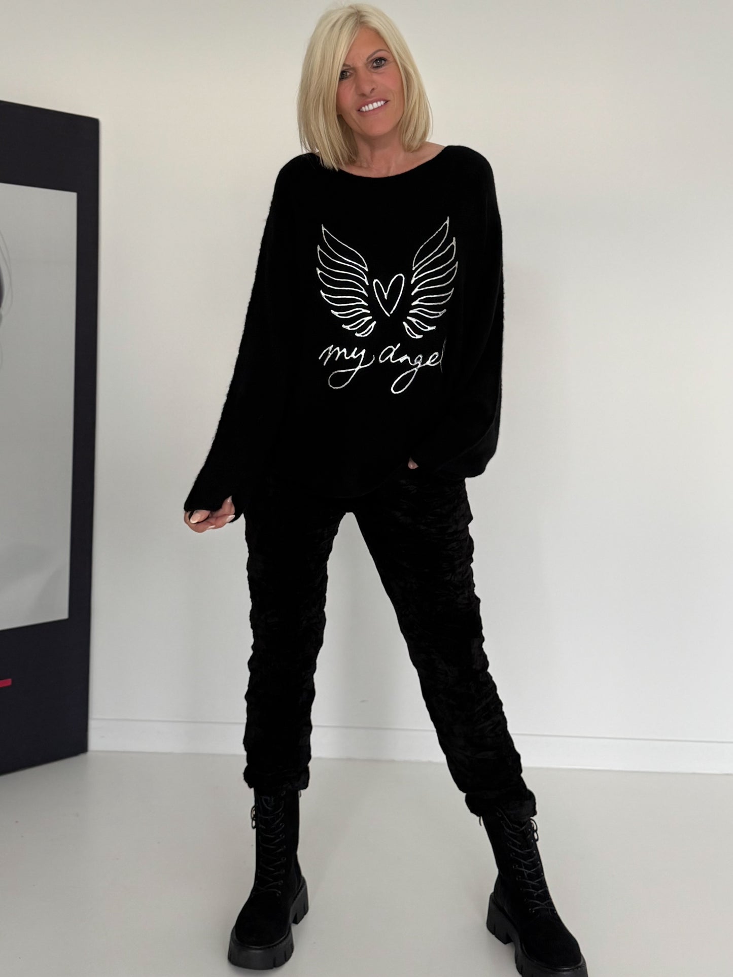 Broek in knit-look met elastische tailleband - zwart