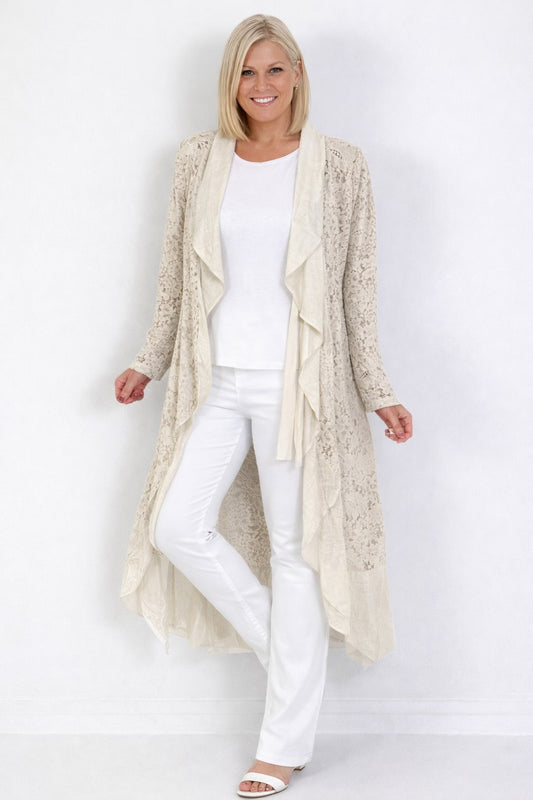 Leinenmantel mit Spitzenmuster - beige