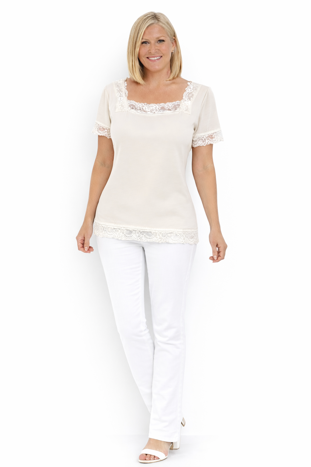 T-Shirt mit Spitzendetails - beige