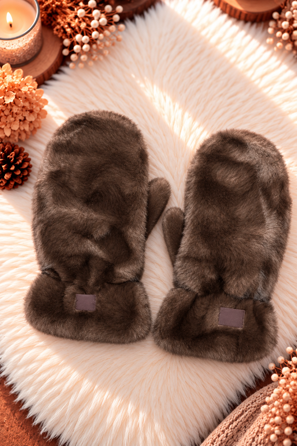 Cozy faux fur mittens - mocha